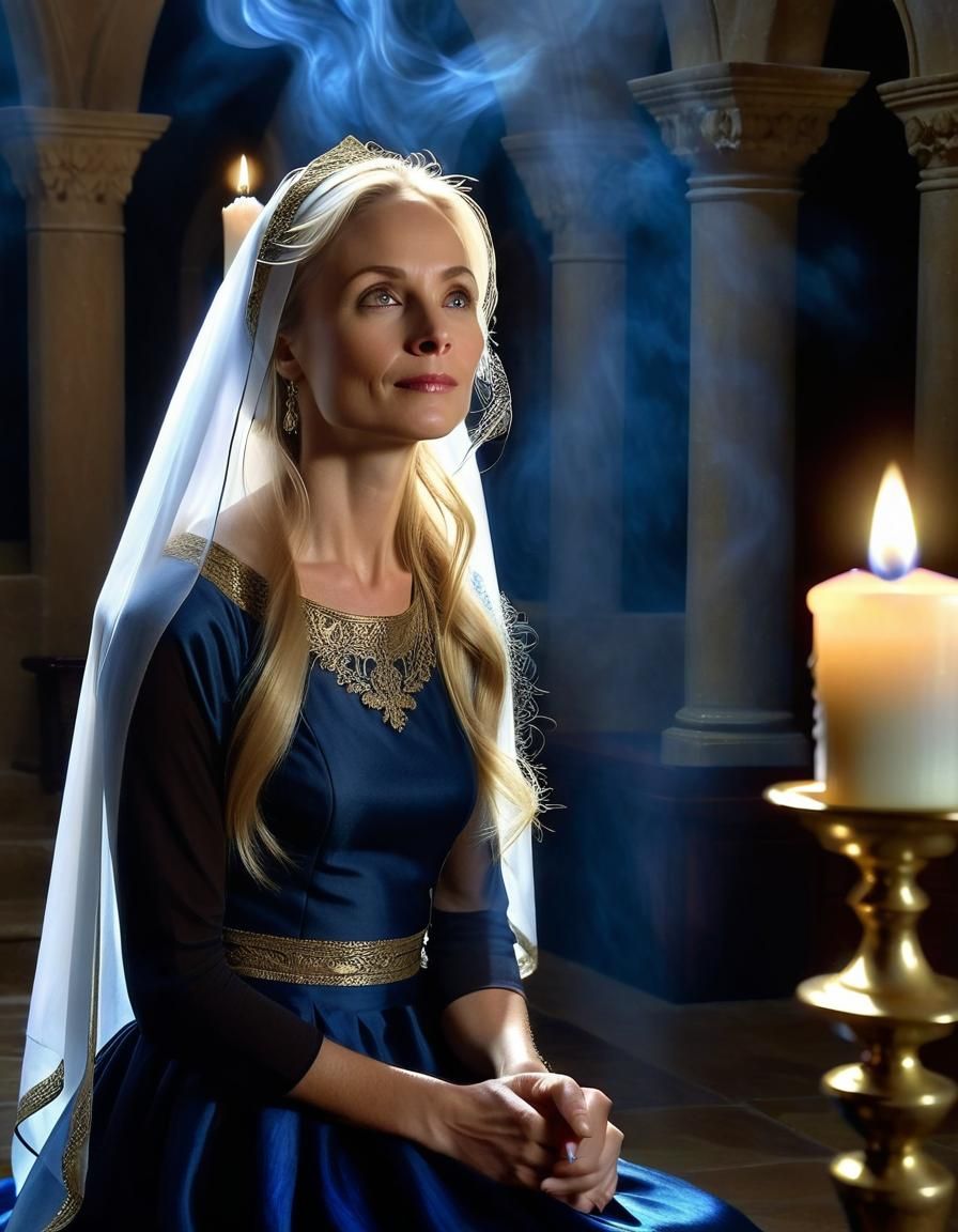 Ethereal Woman in Chapel: Renaissance Oil Portrait