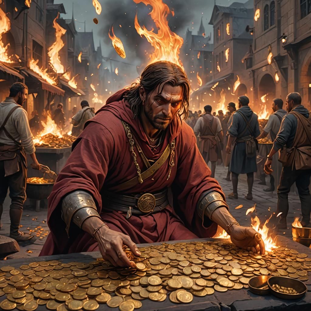 Fantasy Peasant in Agony with Burning Gold