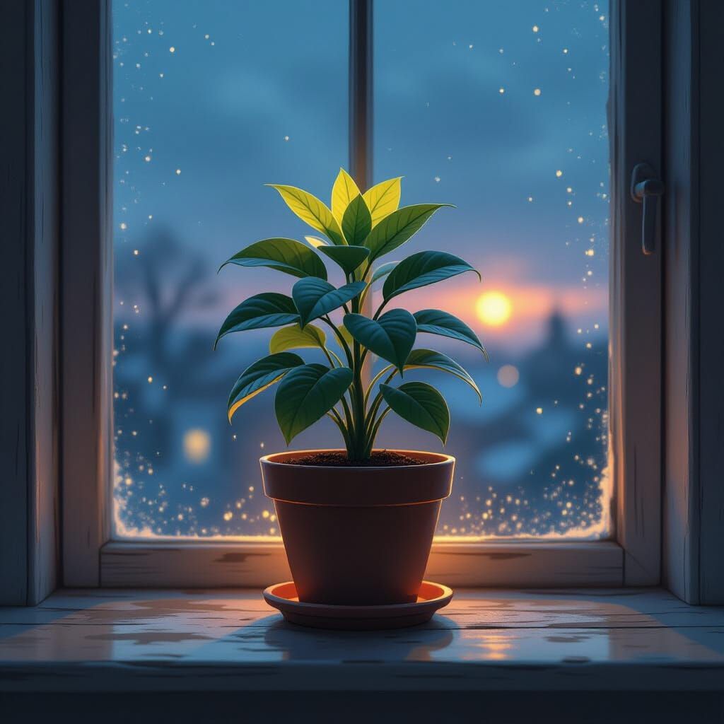 Cartoon Potted Plant on Vintage Table at Night