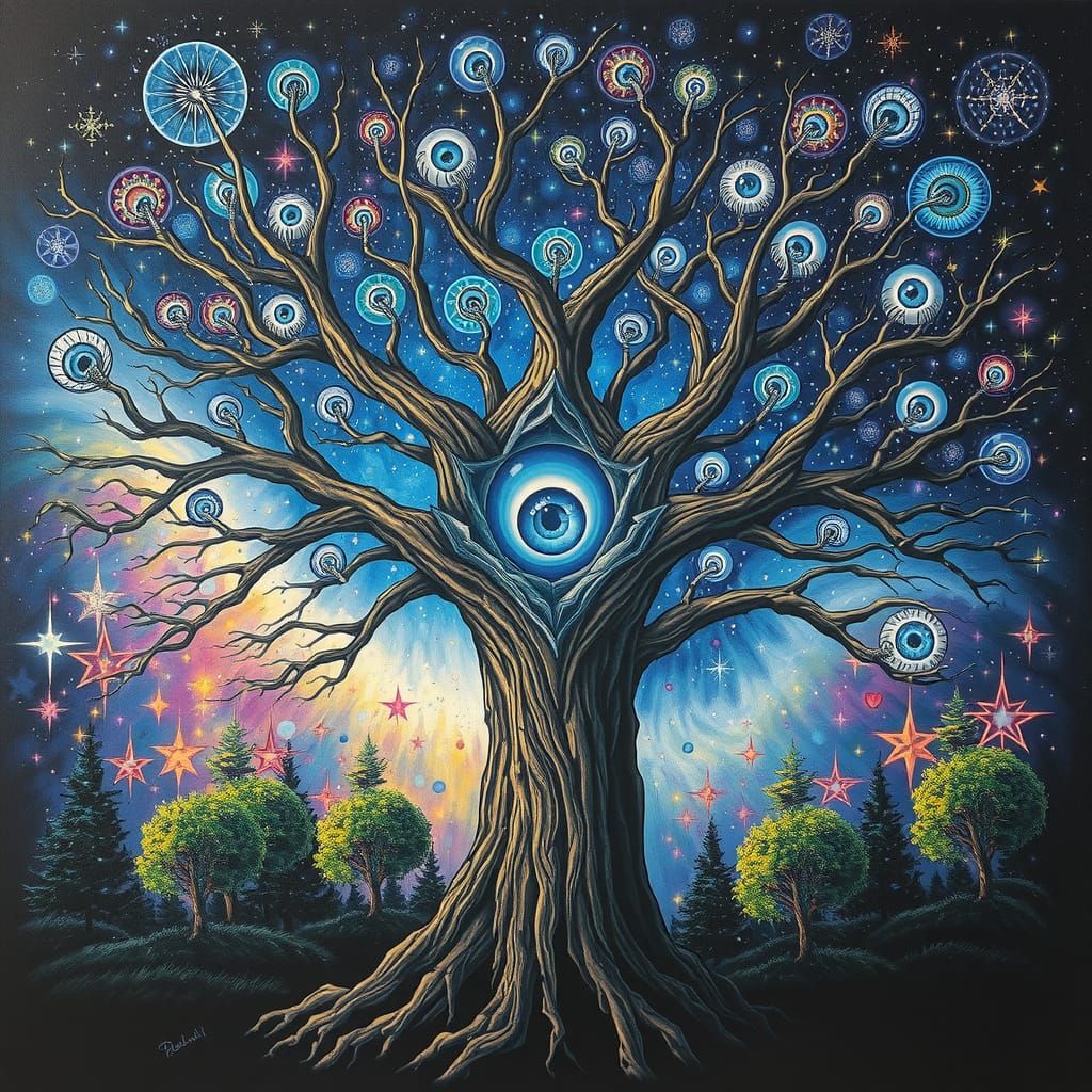 Surreal Tree with Eyes in Starry Sky