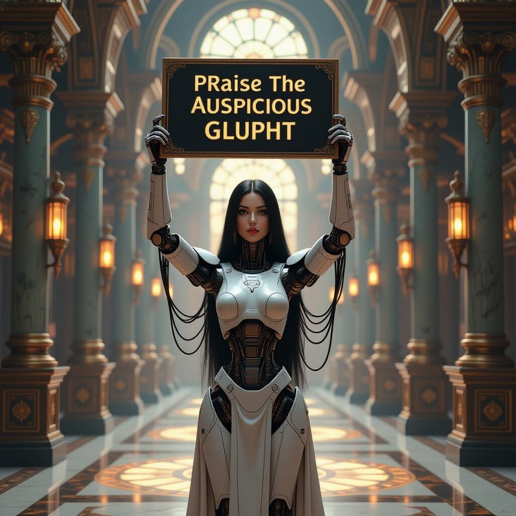 Robot Priestess in Grand Hall: Retro-Futuristic Steampunk