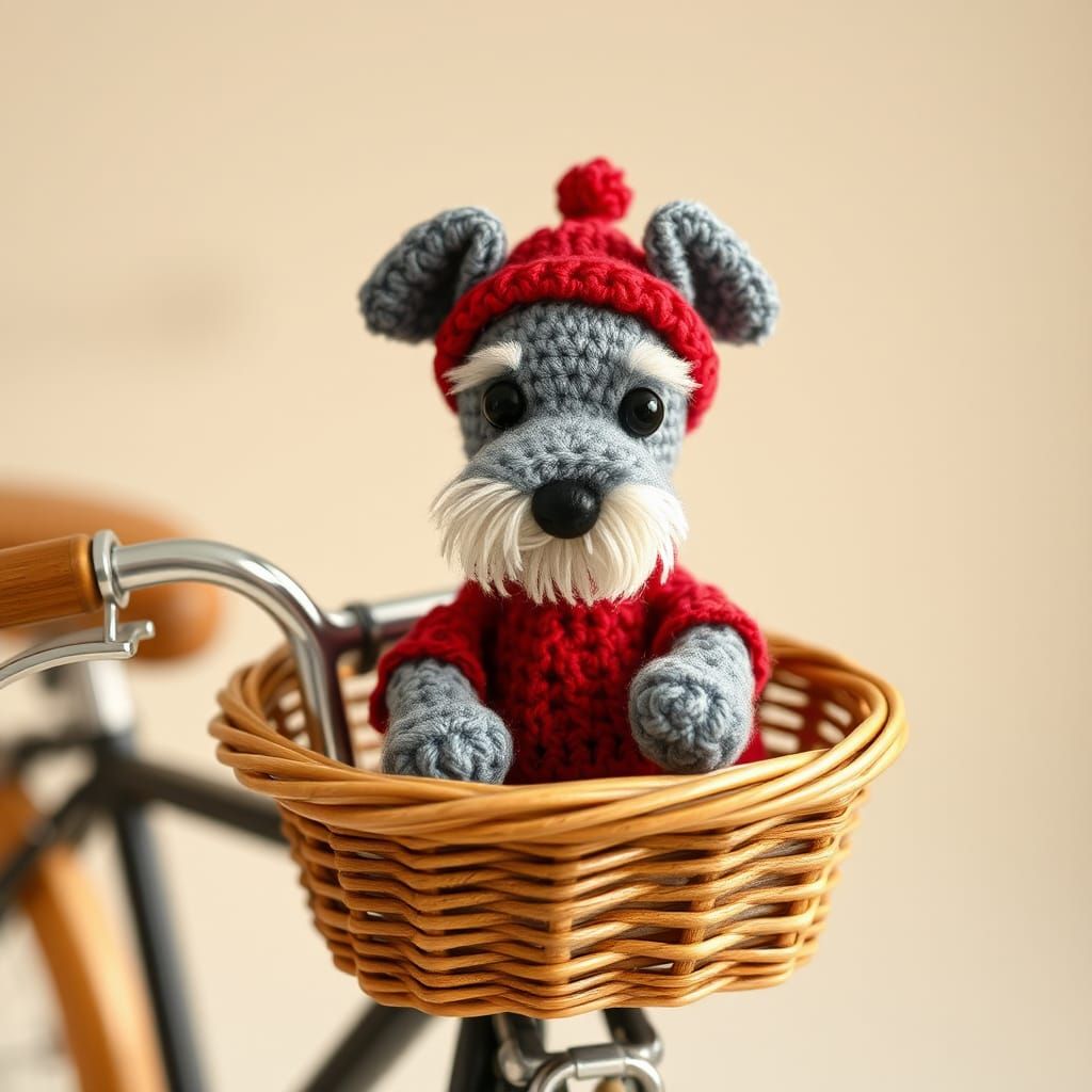 Crochet Schnauzer Doll on Bicycle, Folk Art Style