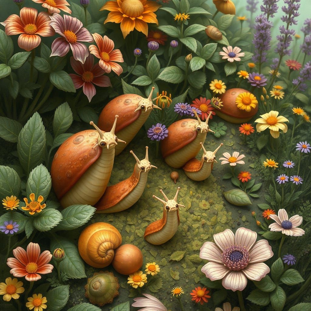 Slugs Overflowing in Dreamlike Garden Scene