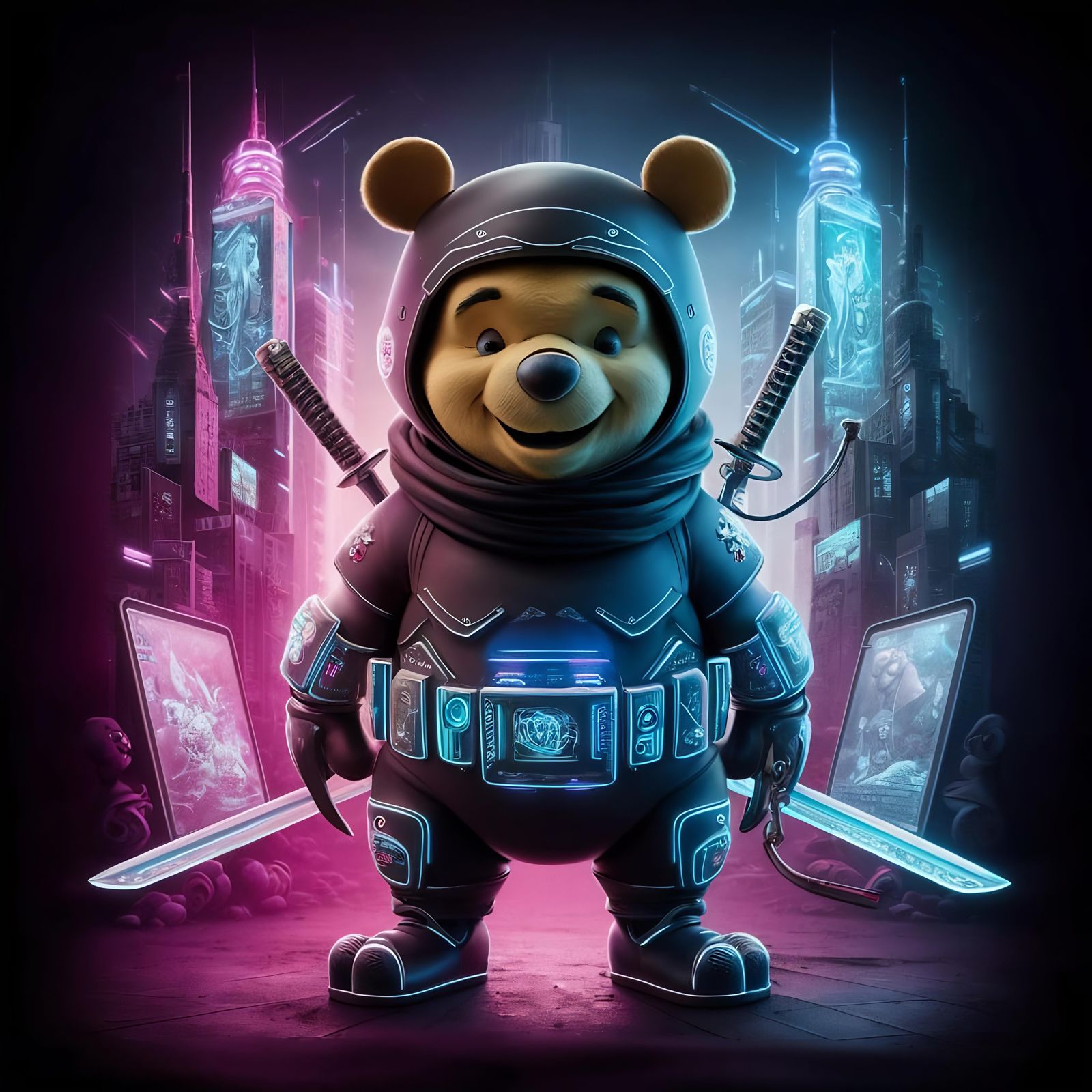 Cyberpunk Ninja Winnie the Pooh in Dystopian City