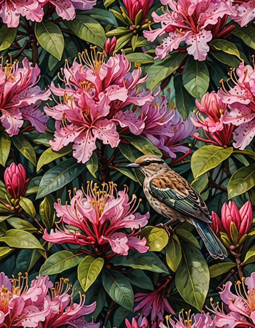 Starling on Rhododendron: Hand-Drawn Painterly Image