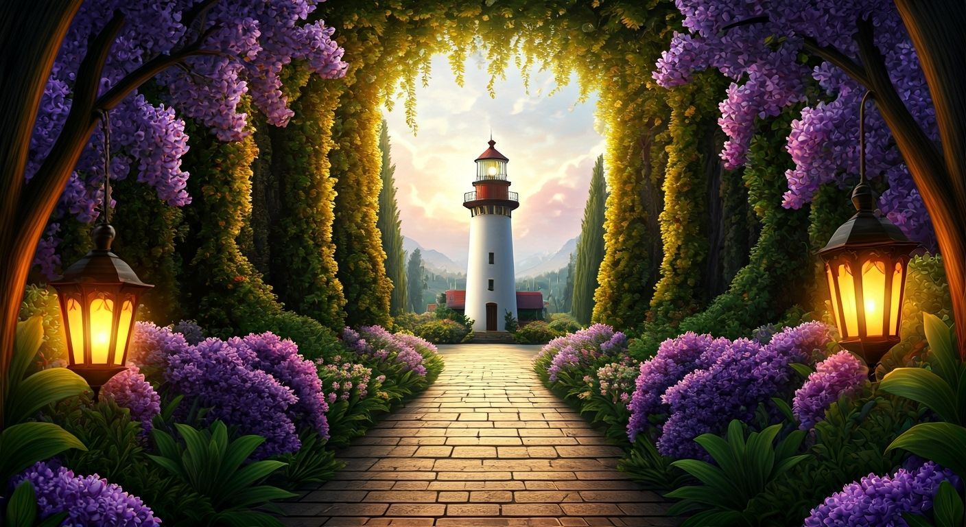 Luminous Lighthouse Landscape with Lilacs and Lilies