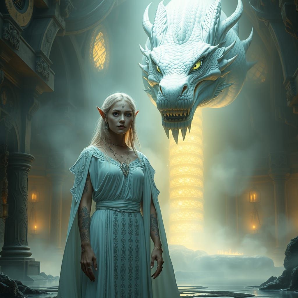 Celtic Priestess and Dragon in Mystical Temple