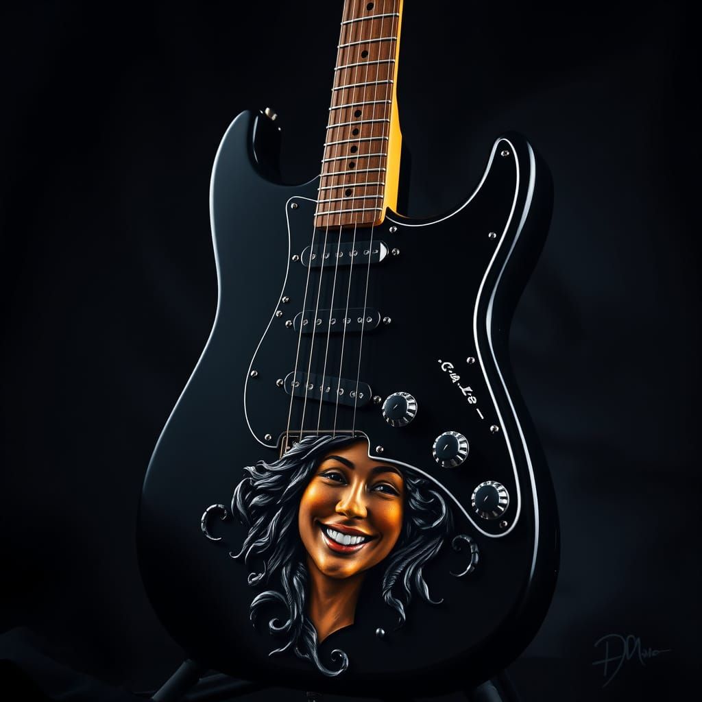 Black Fender Stratocaster with Woman's Face Relief