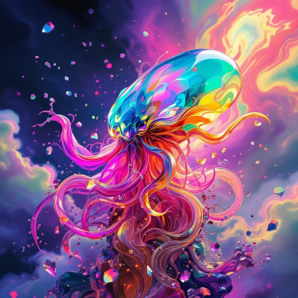 Surreal Entity Emerges from Glassy Chaos in Vibrant Hues