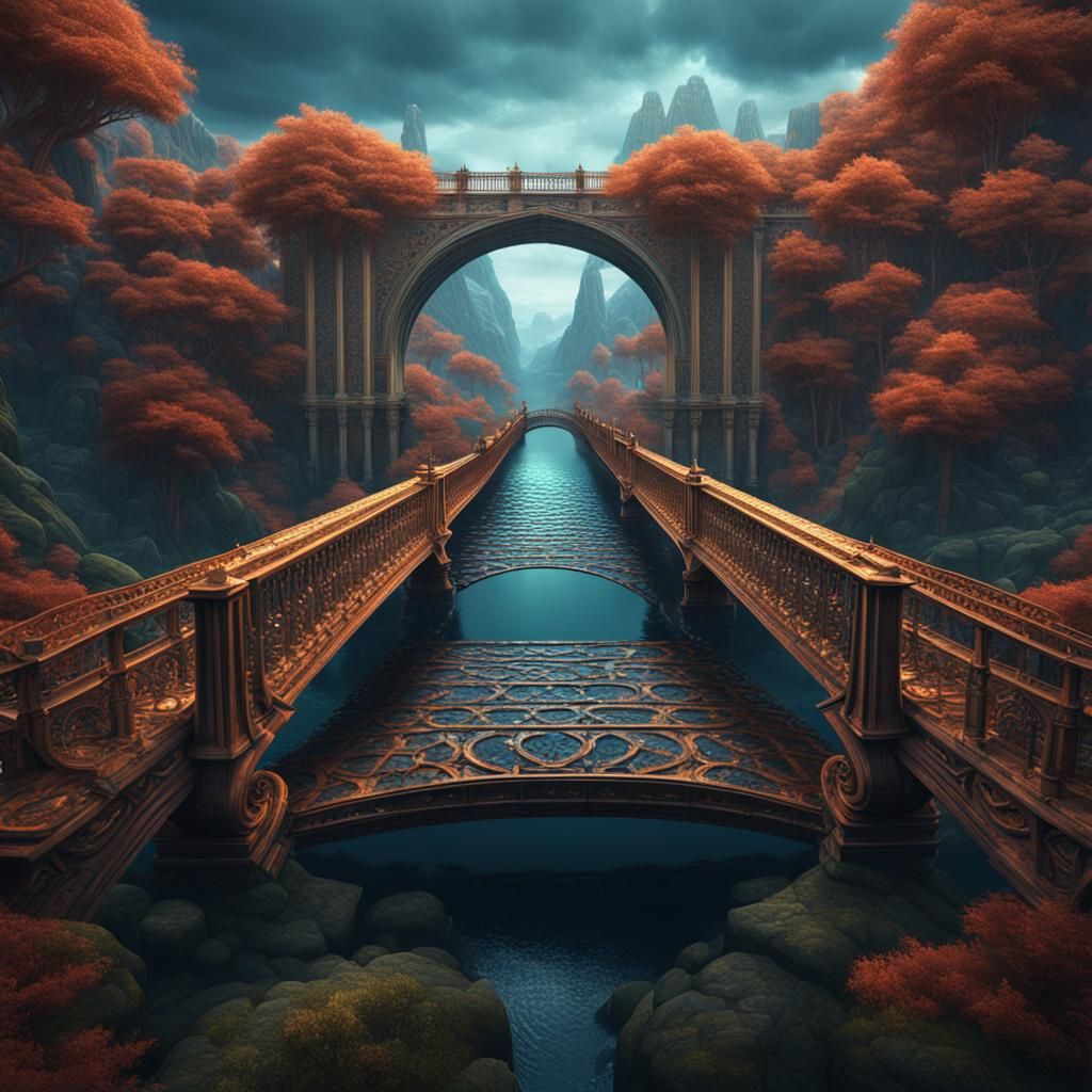 Never-Ending Bridge Optical Illusion in Detailed Matte Paint...
