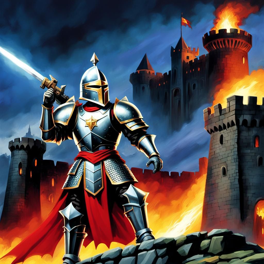 Sci-Fi Knight on Rampart in Retro Video Game Style