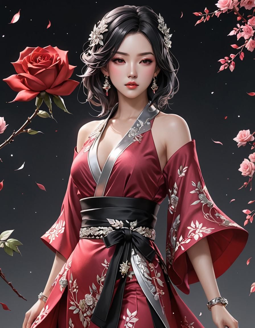 Elegant Anime Kimono in Red and Silver