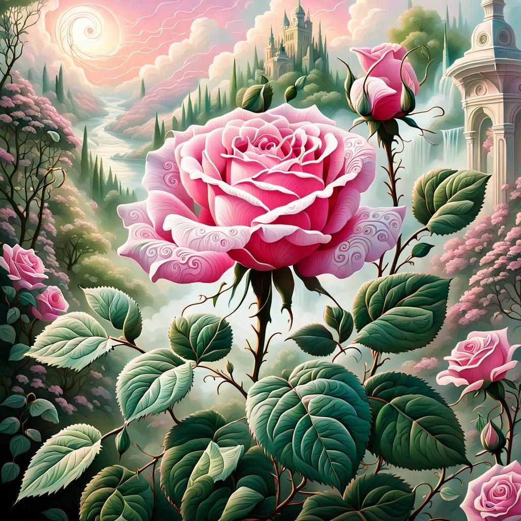 Ethereal Pink Rose Line Art with Swirling Vines