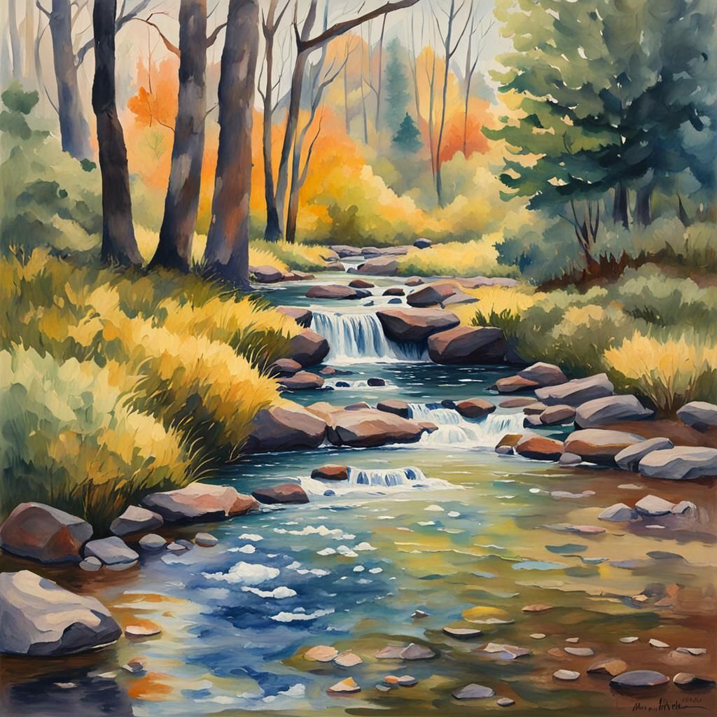 Peaceful Brook: An Impressionist Gouache Watercolor