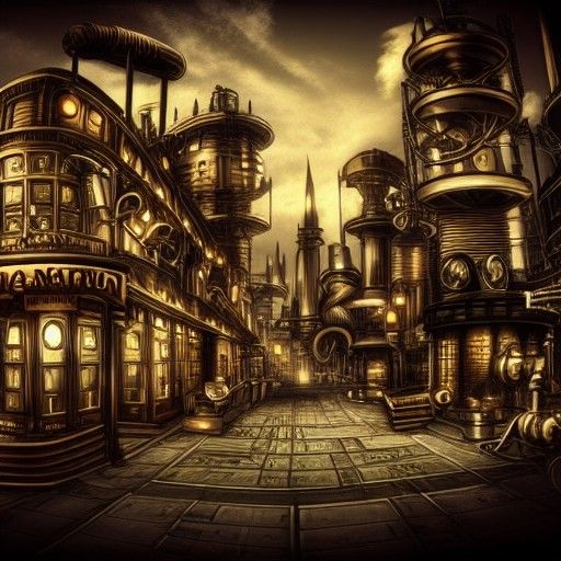 Steampunk Cityscape with Prominent Engine