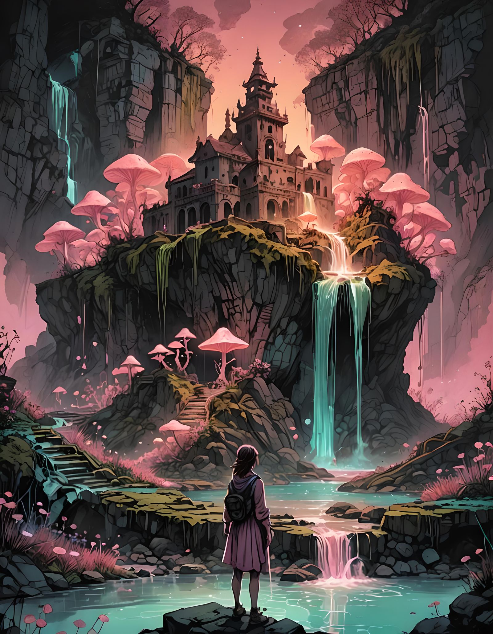 Elaborate fantasy landscape, channeling Elizabeth Nourse's a...