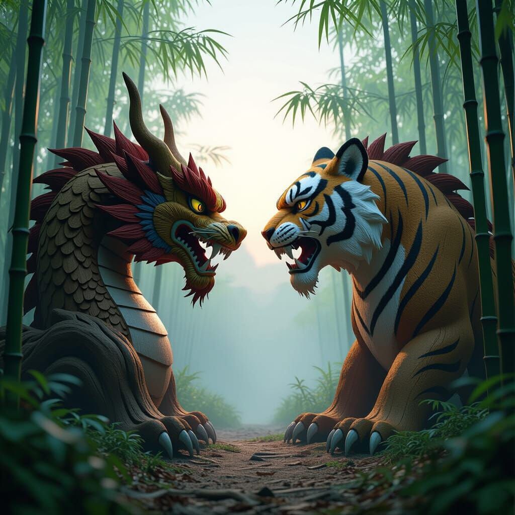 Dragon and Tiger Sculptures in Misty Forest, Digital Art