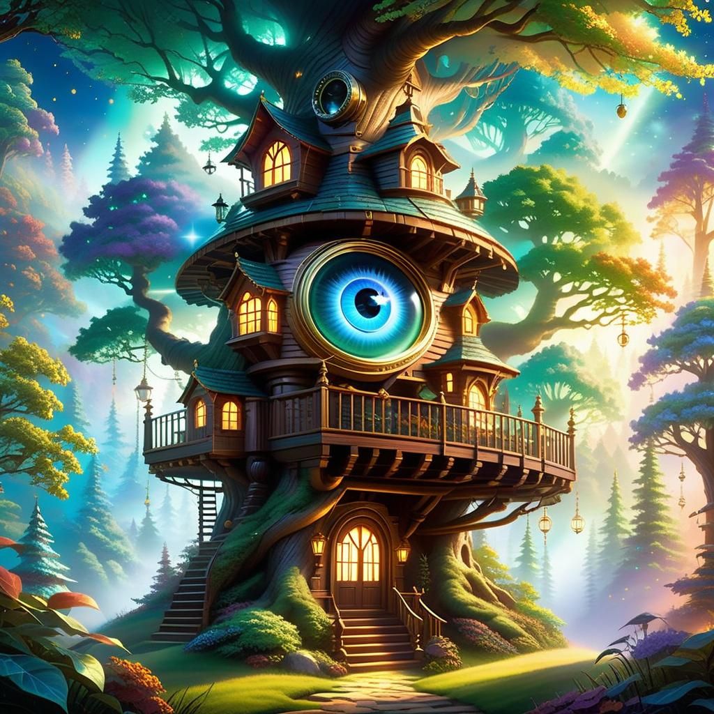 Ethereal Treehouse with Celestial Eye, Digital Art