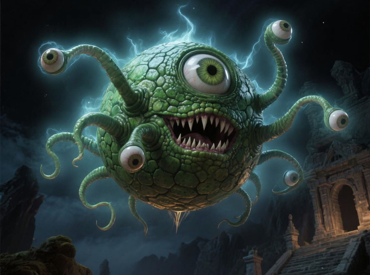 Photorealistic Beholder Monster in Ancient Temple