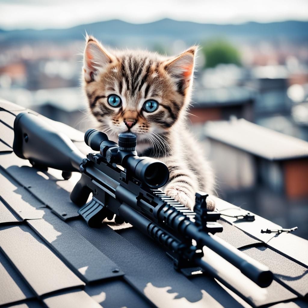 little cute kitten laying on the roof with a sniper rifle