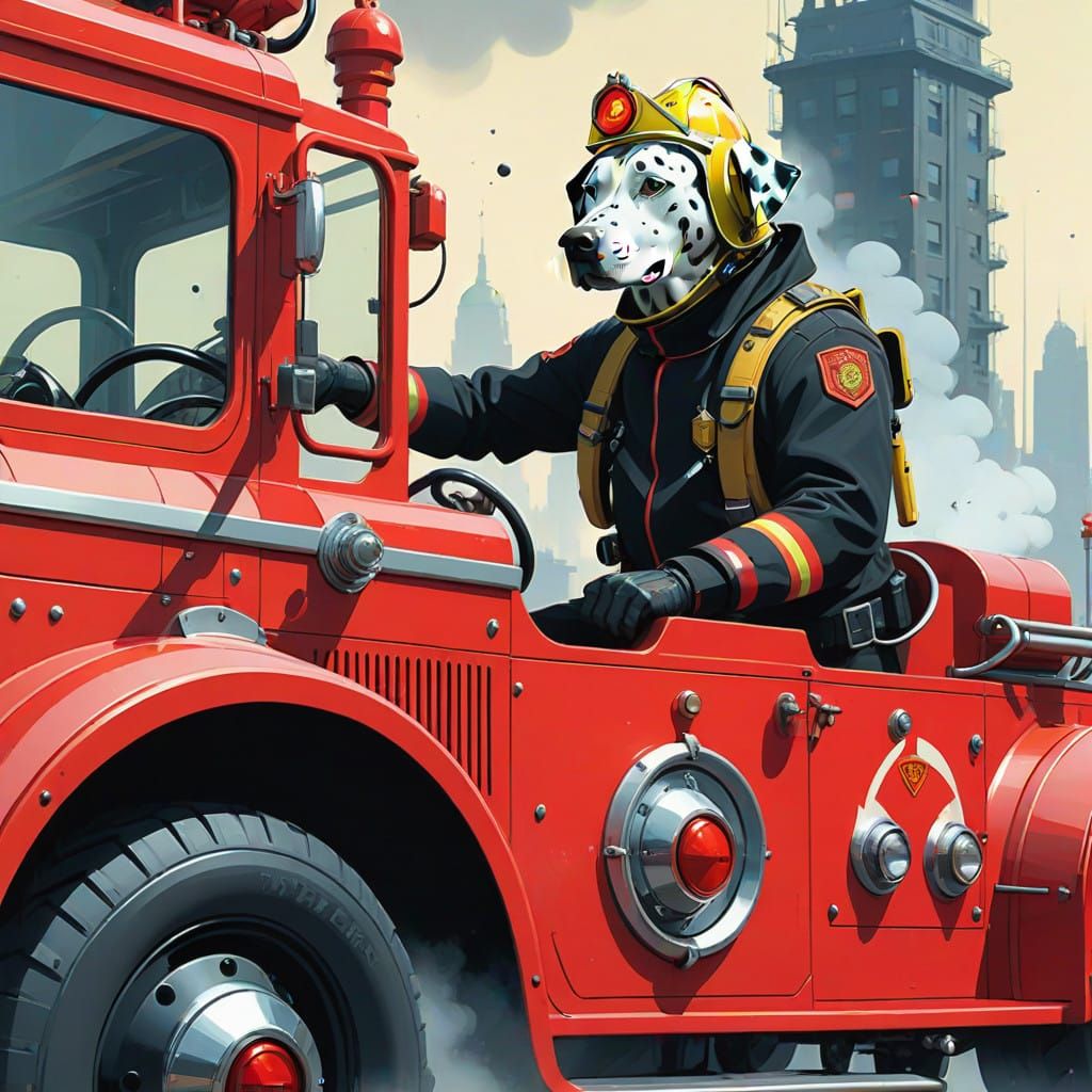 Vibrant Fire Engine Scene with Dalmatian Firefighter