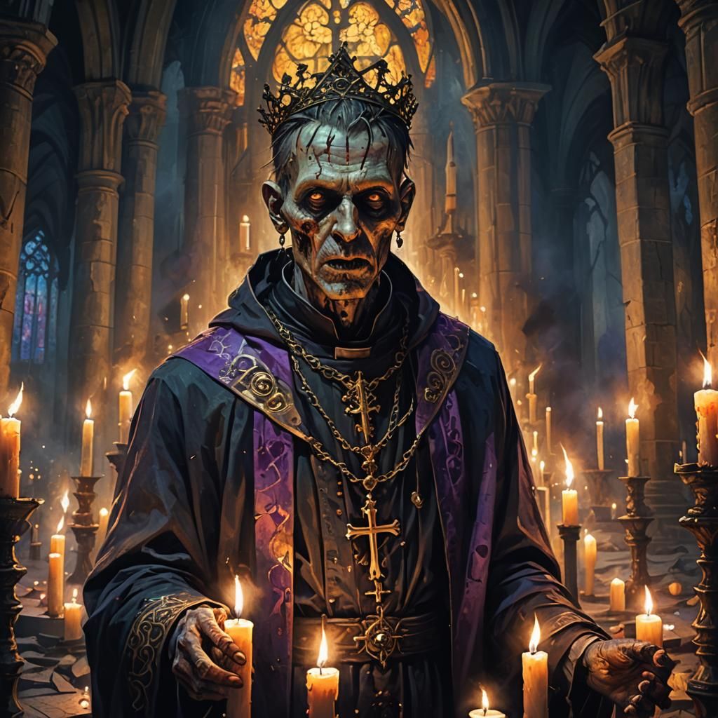 Zombie Priest Portrait in Dark Fantasy Cathedral