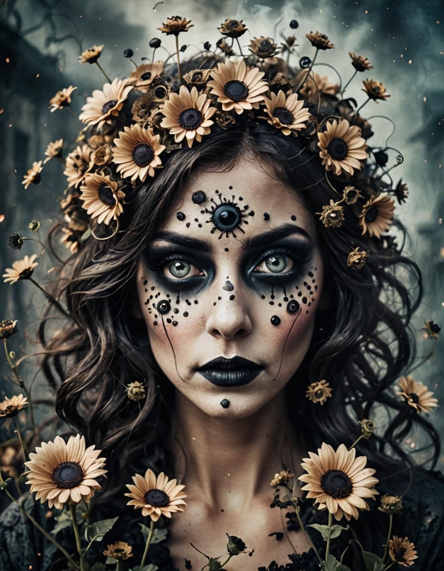 Creepy Googly-Eyed Woman with Flowers and Monsters