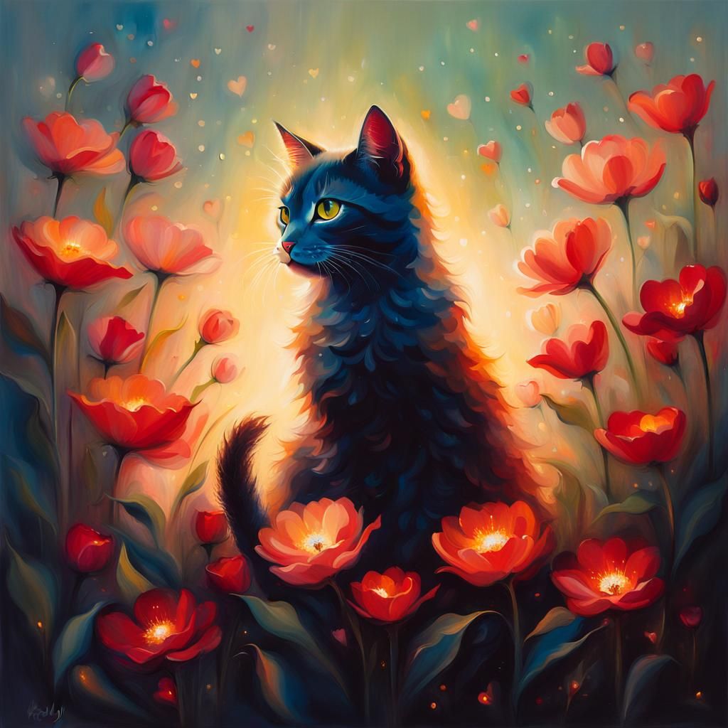 Cute Cat with Flowers in Abstract Style
