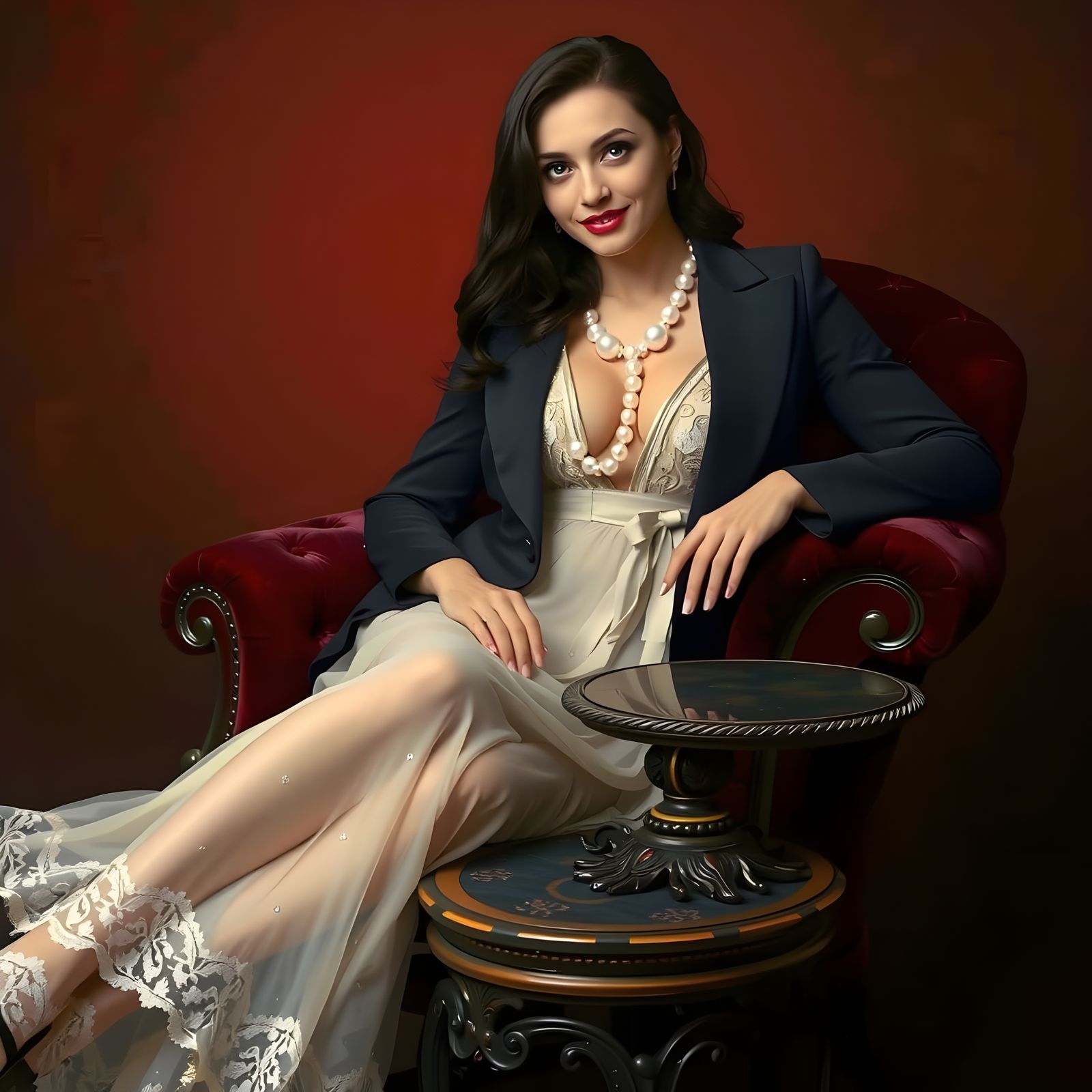 Woman in Black Blazer Reclines on Chair, Soft Waves Hair