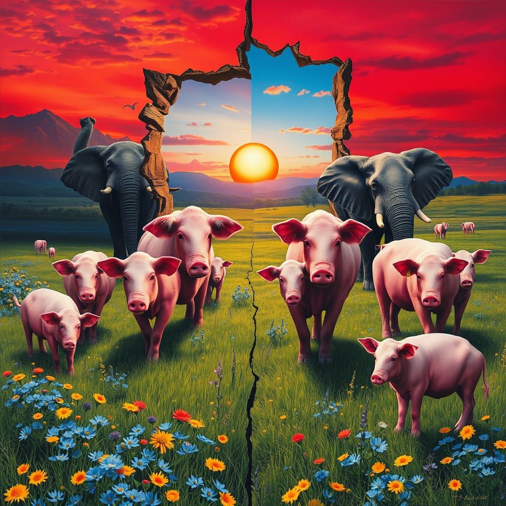 Surrealistic Spring Scene with Vibrant Animals and Shattered...