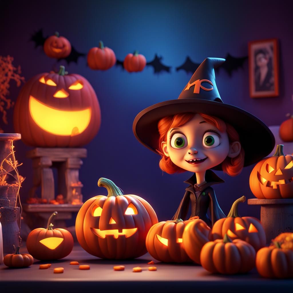 Halloween Scene in Pixar-Style 3D Digital Art