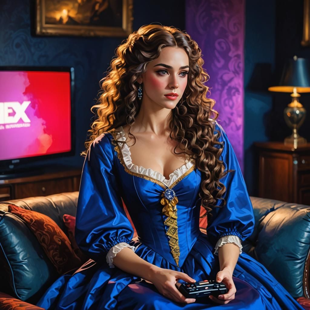 Regency Girl Plays Video Games in Art Deco Style