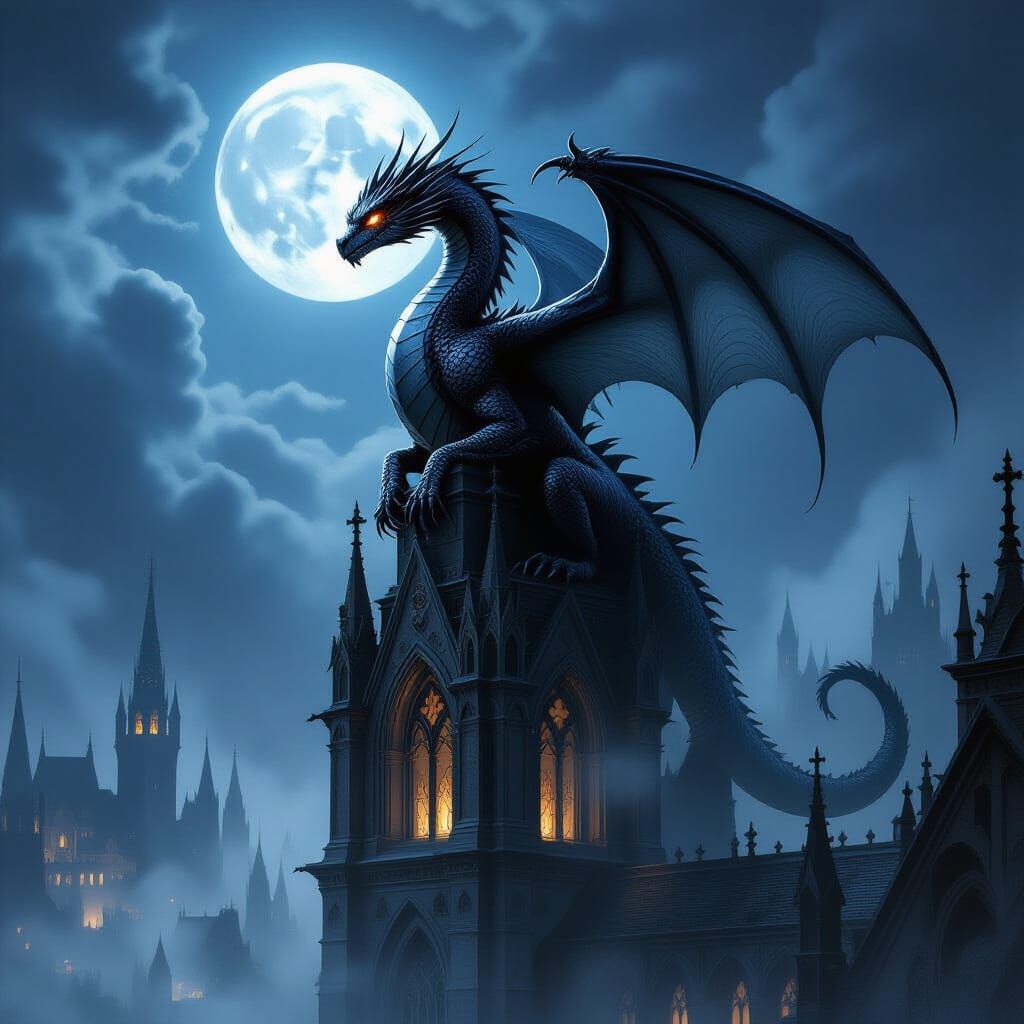 Obsidian Dragon on Gothic Cathedral in Ethereal Moonlight