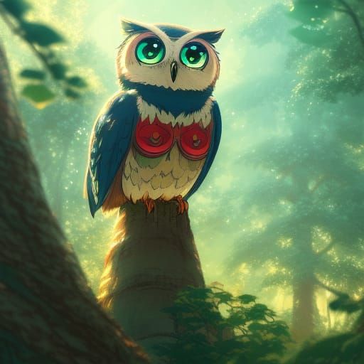 Chibi Owl Watches Summer Fireworks: Anime Concept Art