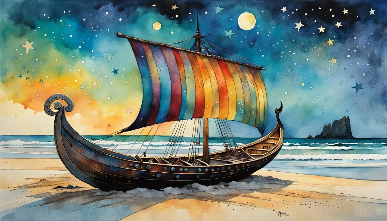 Detailed Viking Ship on Beach in Aquarell Style