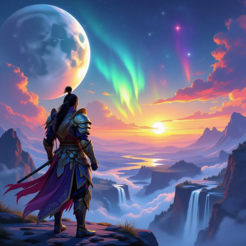 Cosmic Warrior Surveys Galactic Sunset and Moonrise