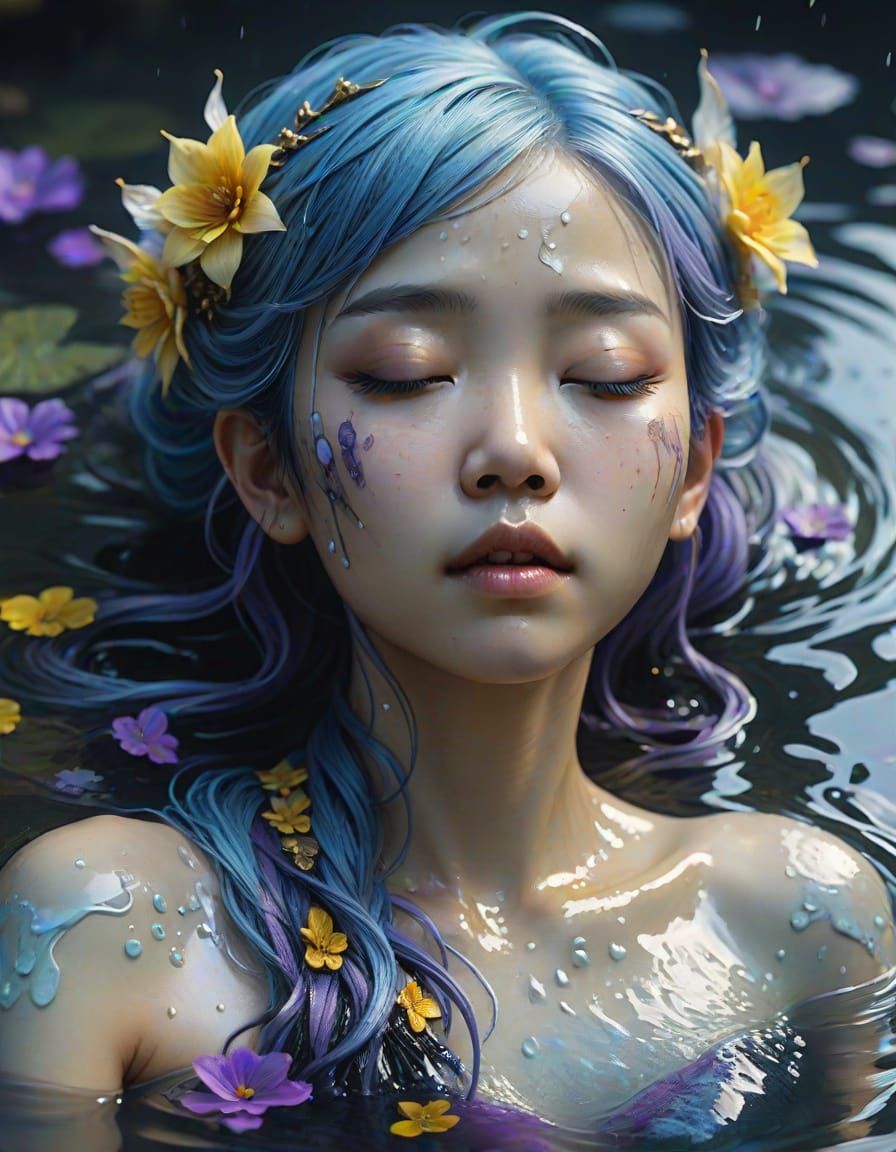 Ultra-Realistic Asian Fairy in Water, Dark Fantasy Art