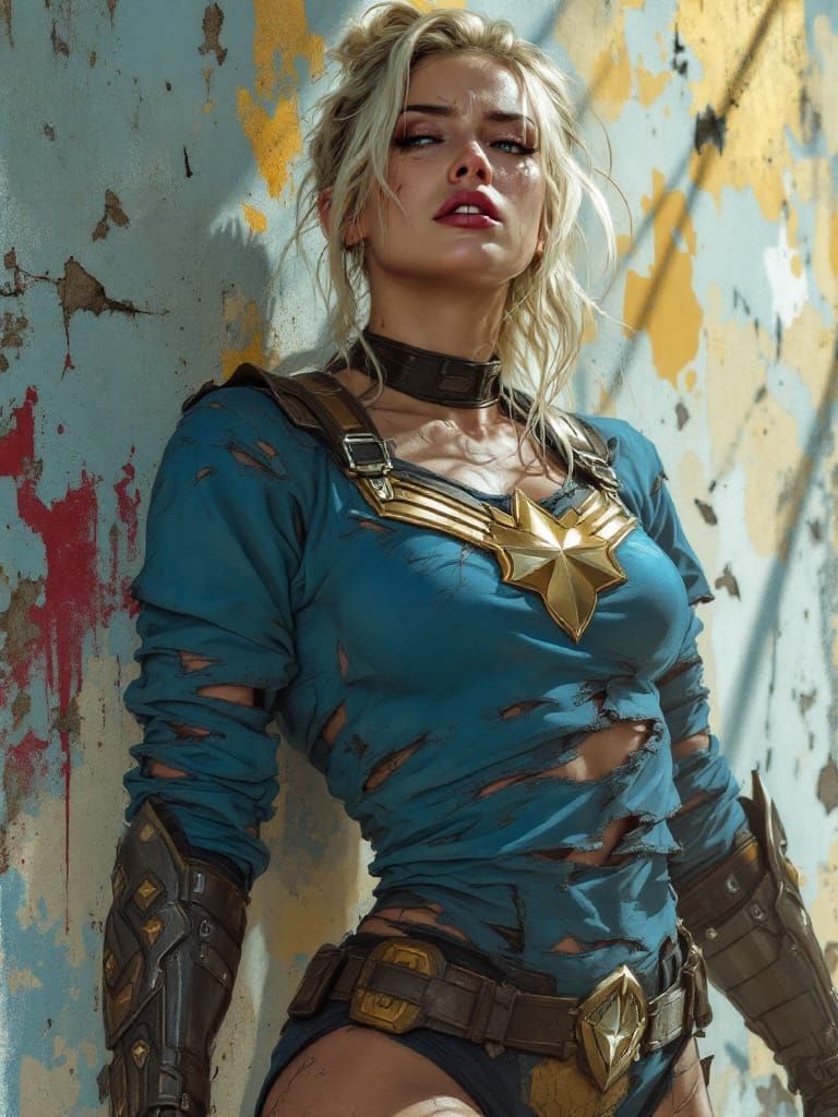 Superhero Portrait: Battle-Scarred Heroine in Gold Armor