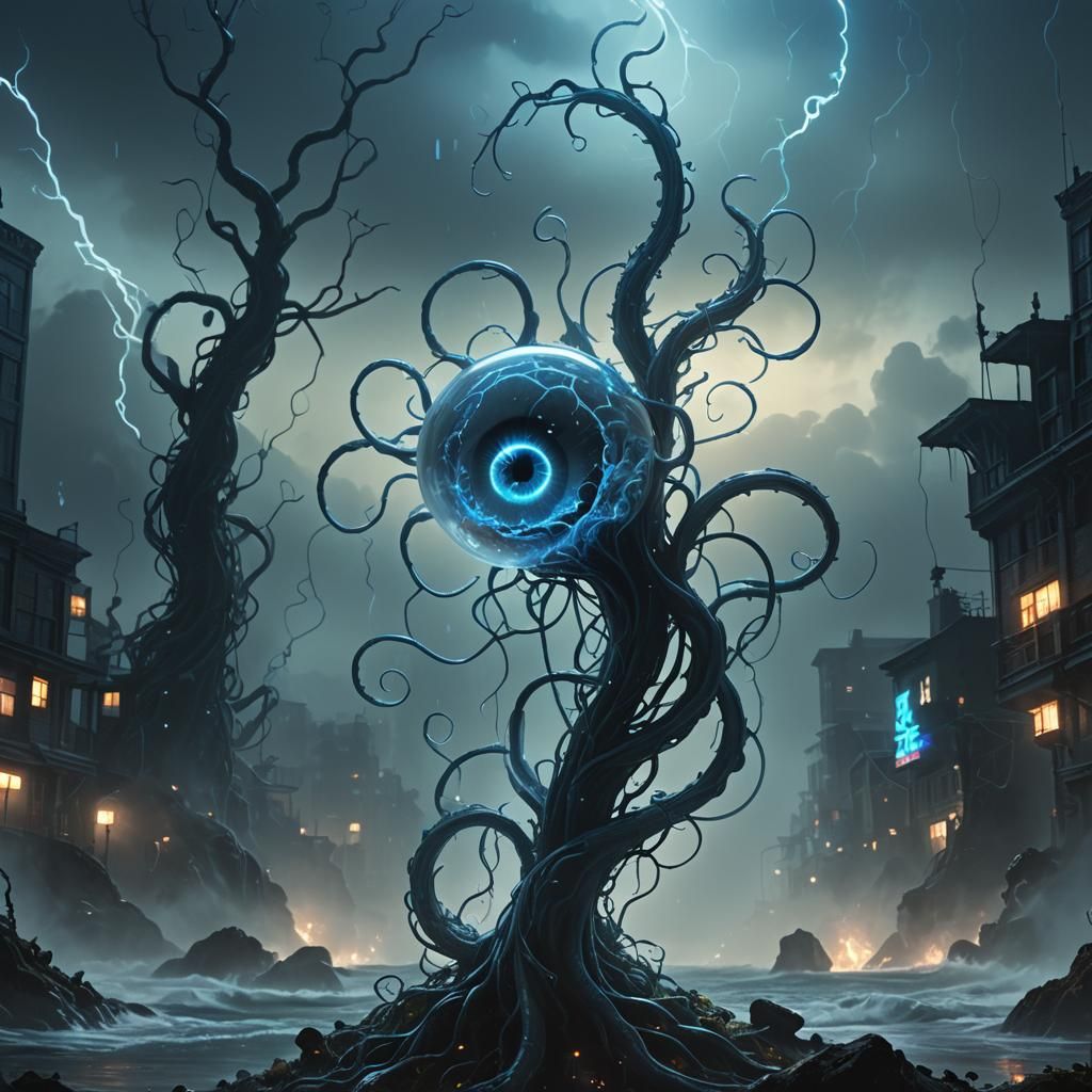 Eerie Glass Brain in a Beksiński-Inspired Dark Fantasy Scene