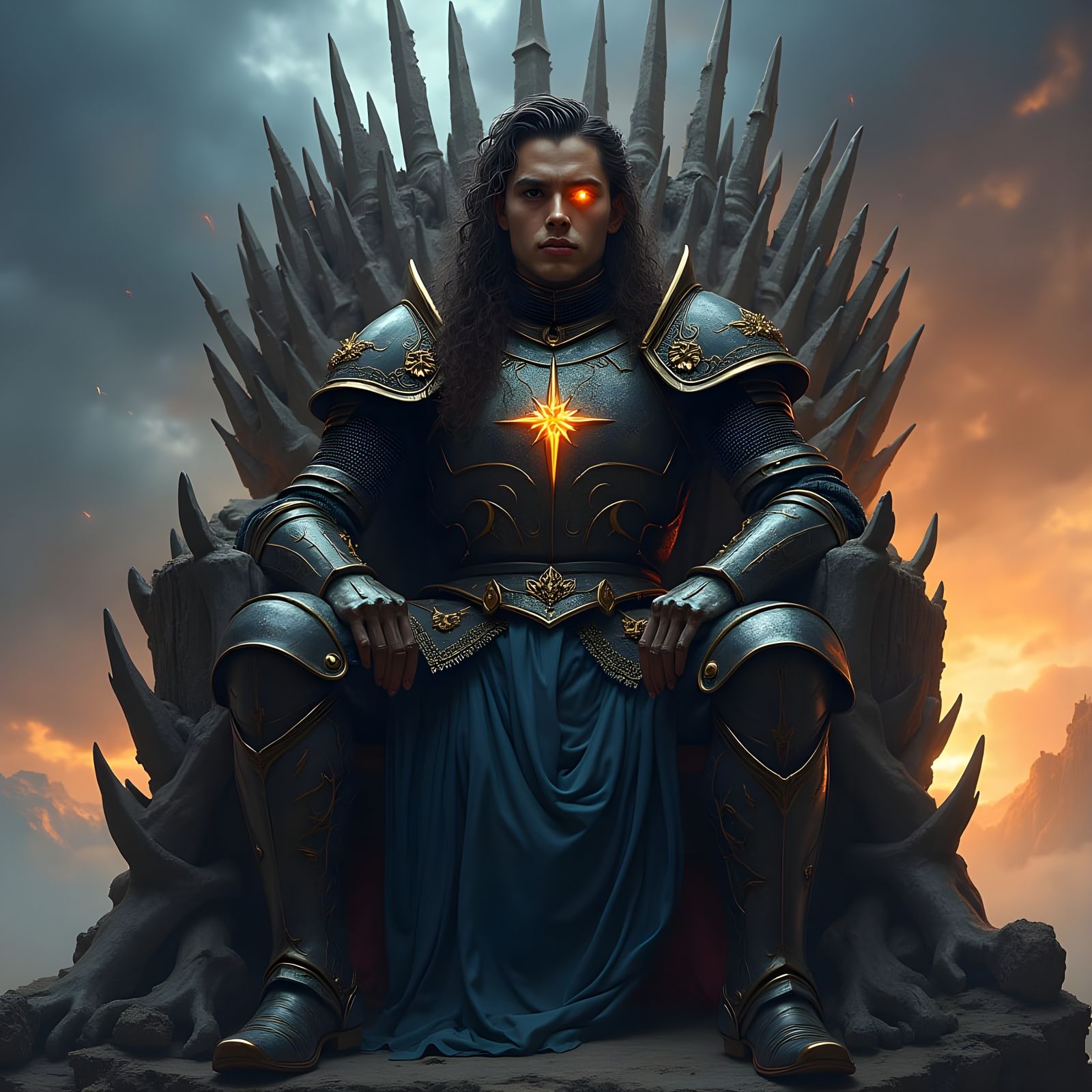 Medieval Knight on Bone Throne Overlooking Dark Sky