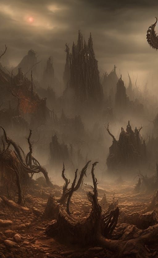Dark Post-Apocalyptic Landscape Destroyed by Lovecraftian Go...