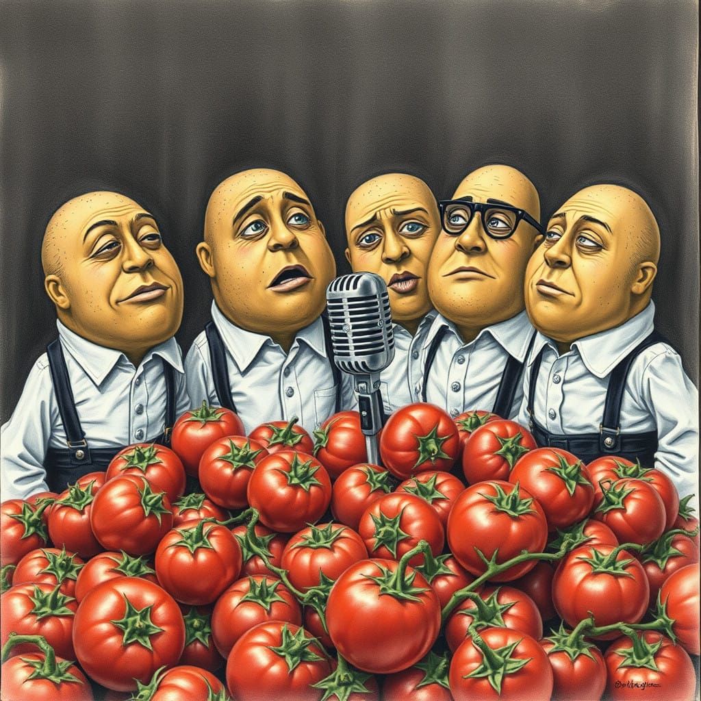 Potato Barbershop Quartet Calms Angry Tomatoes with Vintage....
