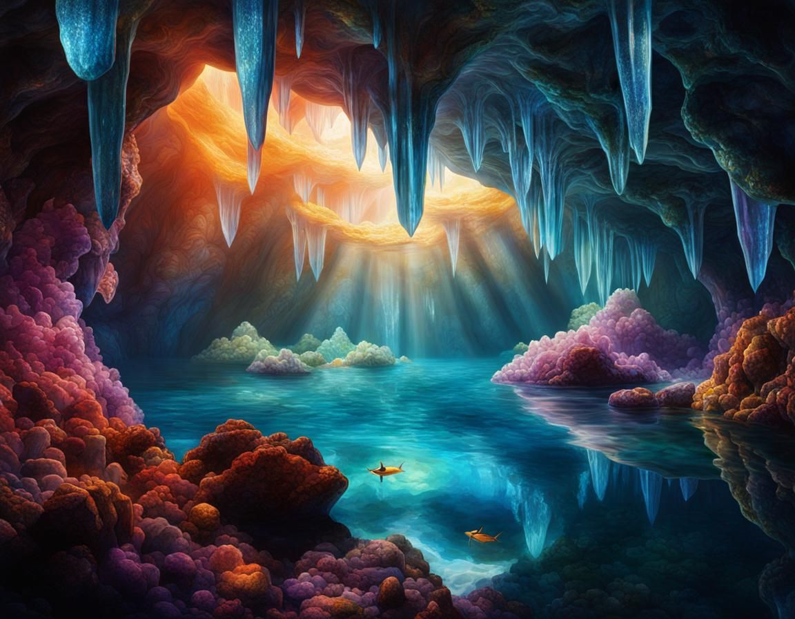 Illustration of a crystal cave submerged in water. Swimmers ...