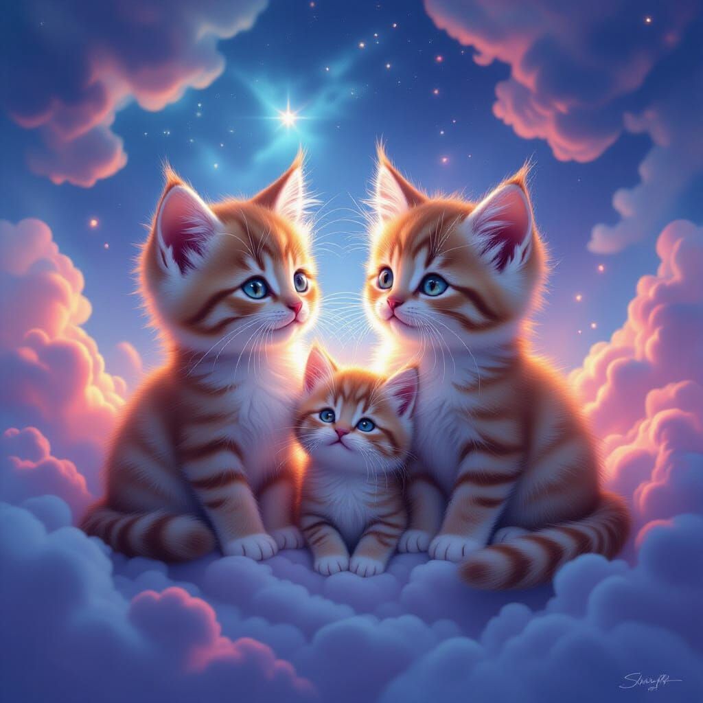 Nebula Kitten Family in Digital Painting Style