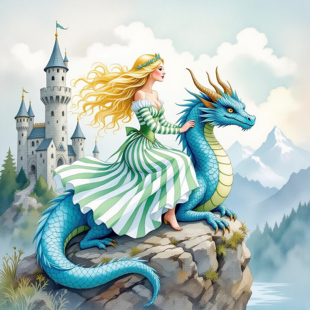 Mermaid Rides Dragon in Watercolor Fantasy Landscape