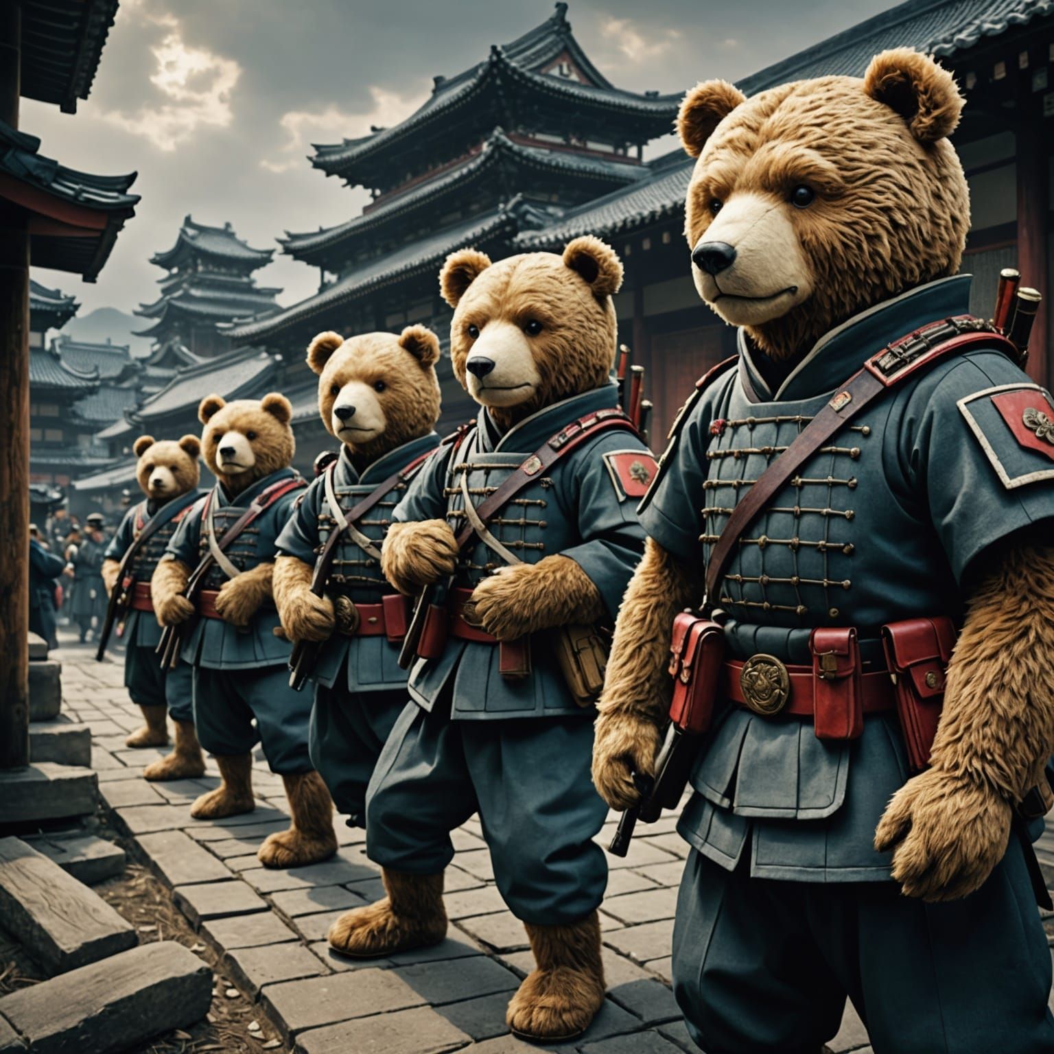 Teddy Bear Soldiers at War in Ukiyo-e Style