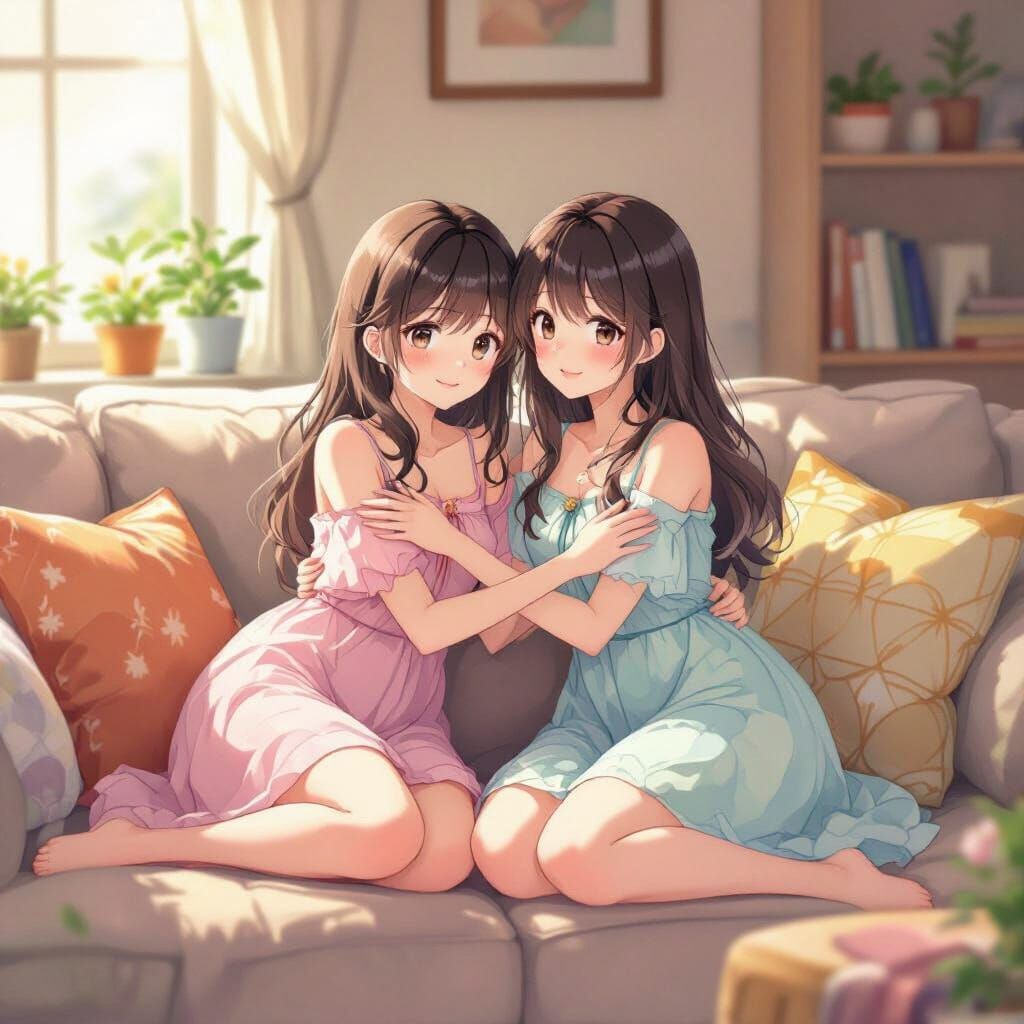 Anime Girls Hugging on a Plush Couch