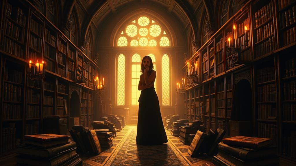 Mystical Woman in Ancient Library, Victorian Style