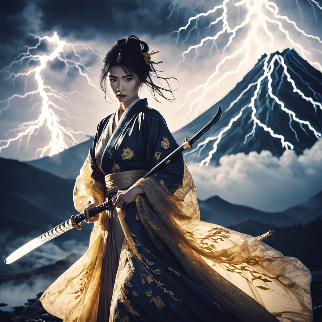Elegant Woman with Katana in Thunderstorm, Kurosawa Style