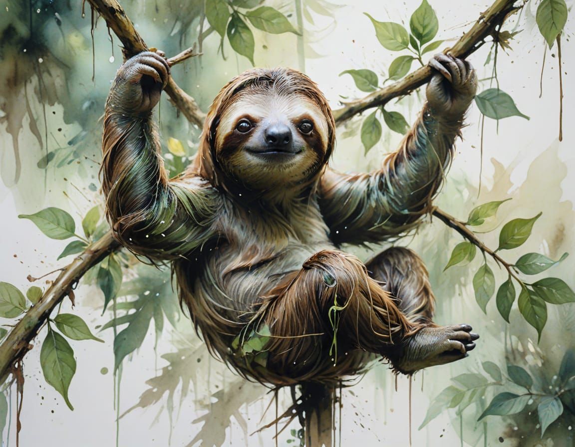 Sloth in Forest Watercolor Painting with Ethereal Style